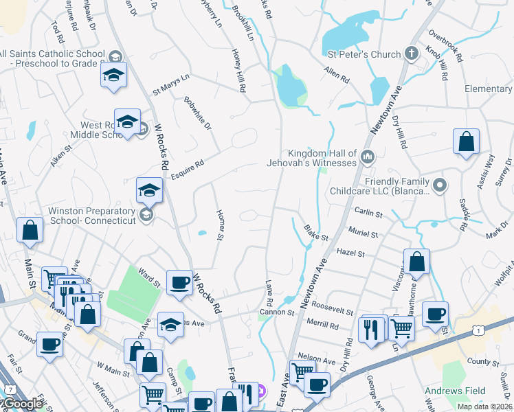 map of restaurants, bars, coffee shops, grocery stores, and more near 1 Blue Mountain Ridge in Norwalk