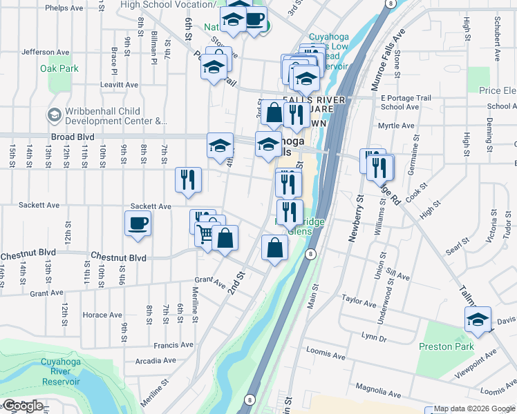 map of restaurants, bars, coffee shops, grocery stores, and more near 1860 2nd Street in Cuyahoga Falls