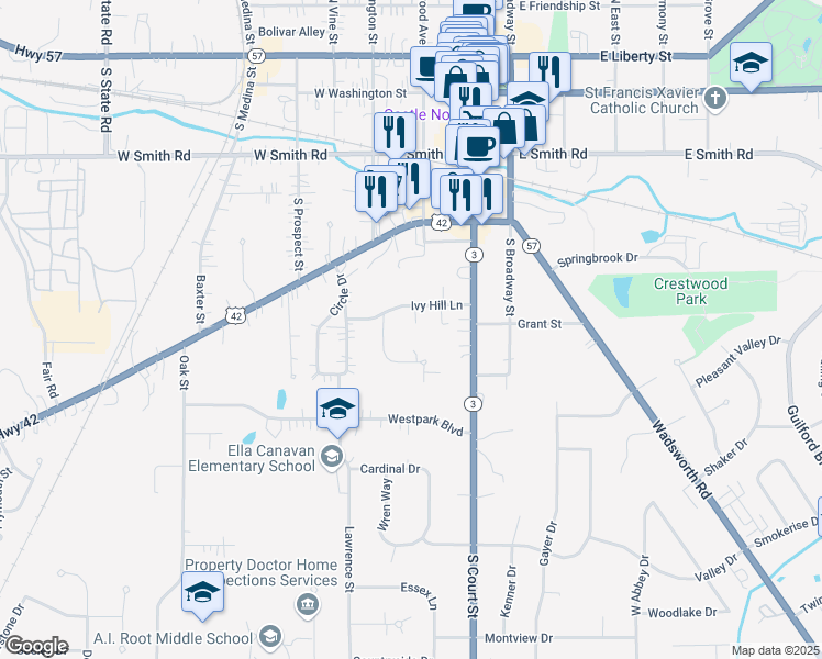 map of restaurants, bars, coffee shops, grocery stores, and more near 260 Ivy Hill Lane in Medina