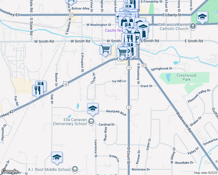 map of restaurants, bars, coffee shops, grocery stores, and more near 260 Ivy Hill Lane in Medina