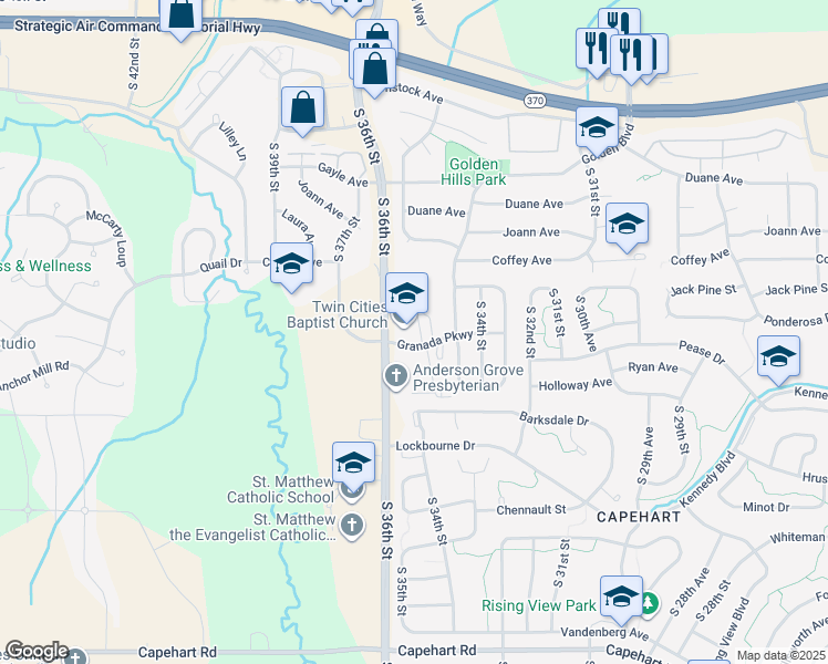 map of restaurants, bars, coffee shops, grocery stores, and more near 11825 South 36th Street in Bellevue