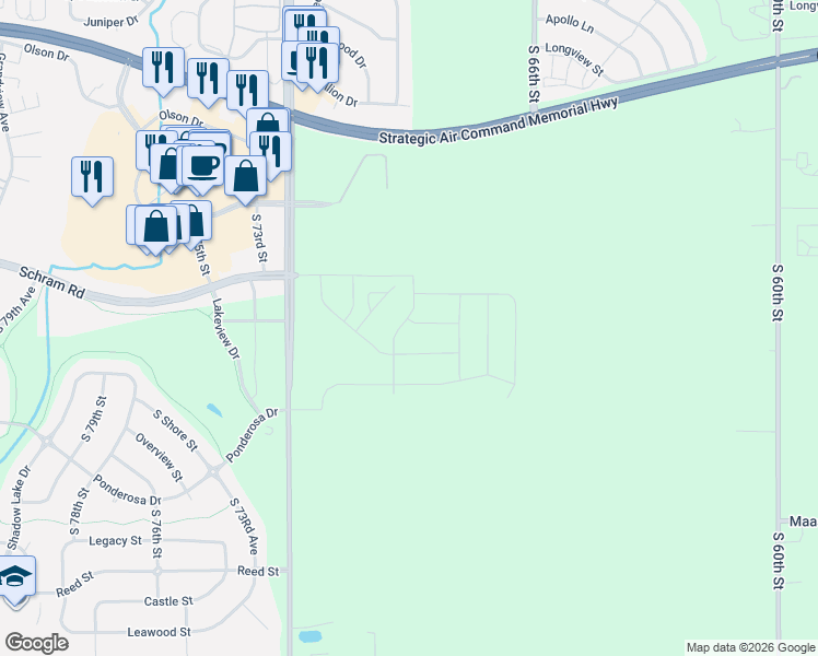 map of restaurants, bars, coffee shops, grocery stores, and more near 12101 South 72nd Street in Papillion