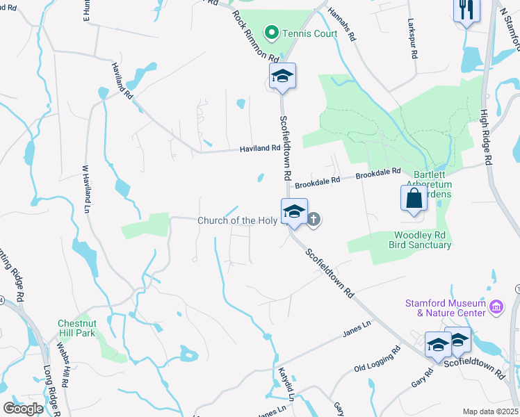 map of restaurants, bars, coffee shops, grocery stores, and more near 31 Chestnut Hill Road in Stamford