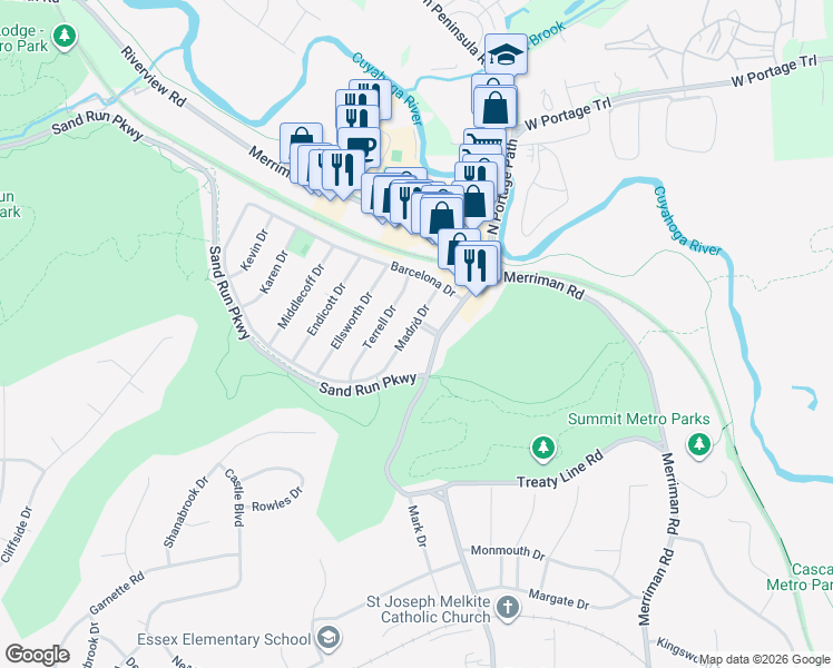 map of restaurants, bars, coffee shops, grocery stores, and more near 1119 Madrid Drive in Akron