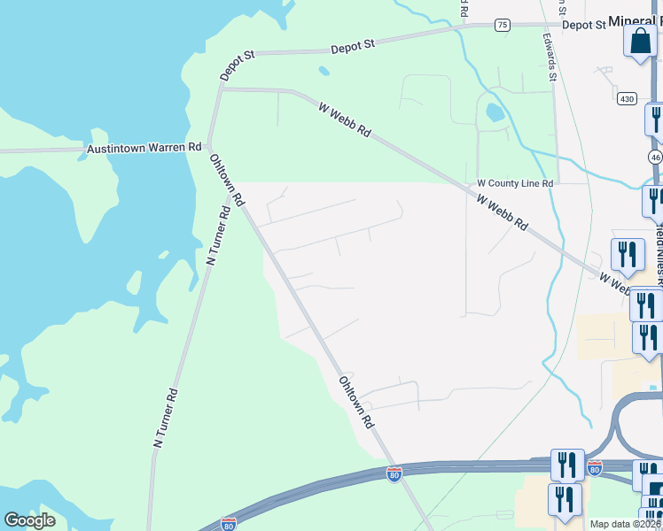 map of restaurants, bars, coffee shops, grocery stores, and more near 1293 Tuxford Court in Youngstown