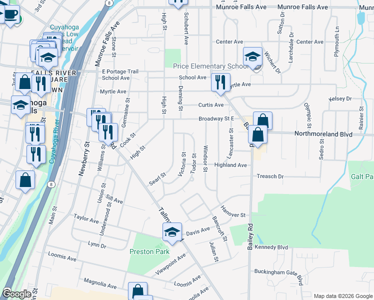map of restaurants, bars, coffee shops, grocery stores, and more near 1981 Victoria Street in Cuyahoga Falls