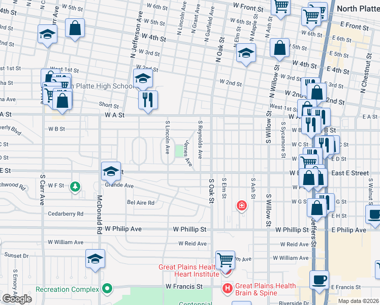 map of restaurants, bars, coffee shops, grocery stores, and more near 315 James Avenue in North Platte