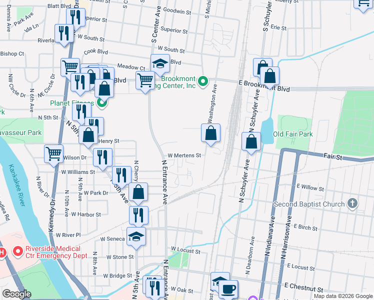 map of restaurants, bars, coffee shops, grocery stores, and more near 155 West Mertens Street in Kankakee