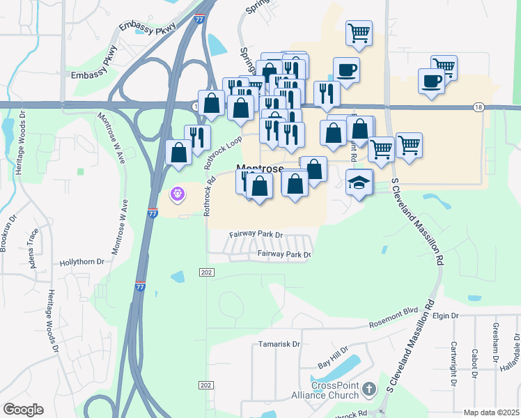 map of restaurants, bars, coffee shops, grocery stores, and more near 3742 Brookwall Drive in Akron