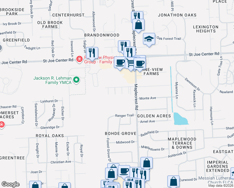 map of restaurants, bars, coffee shops, grocery stores, and more near 5404 Pickawillany Court in Fort Wayne