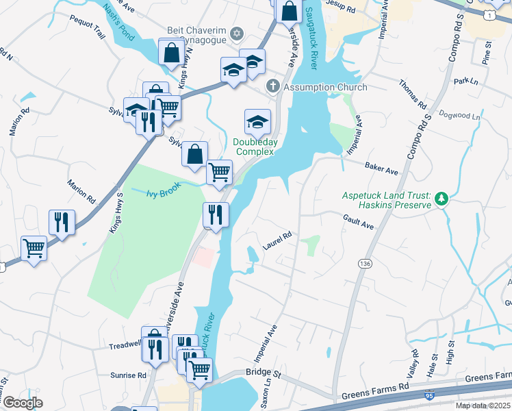 map of restaurants, bars, coffee shops, grocery stores, and more near 3 Riverview Road in Westport