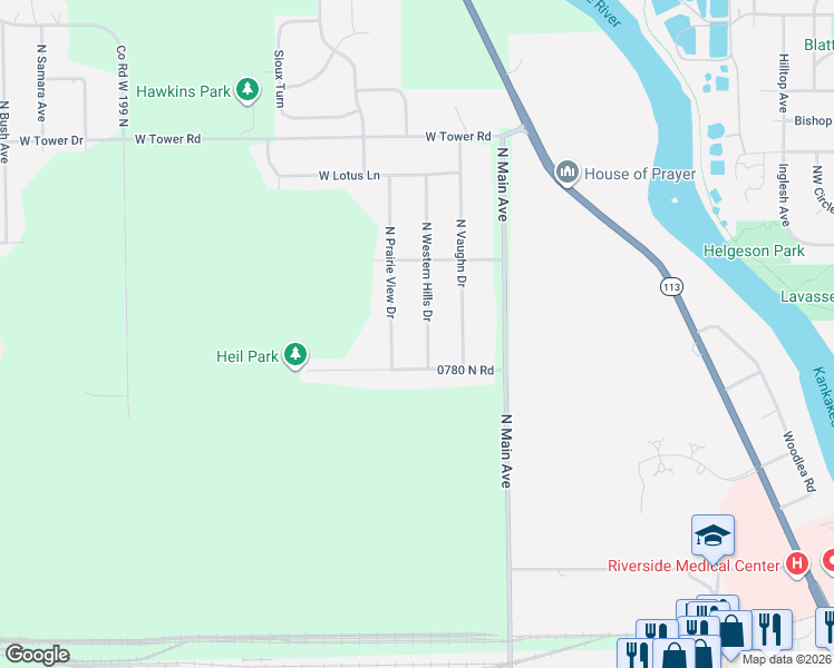 map of restaurants, bars, coffee shops, grocery stores, and more near 885 North Western Hills Drive in Kankakee