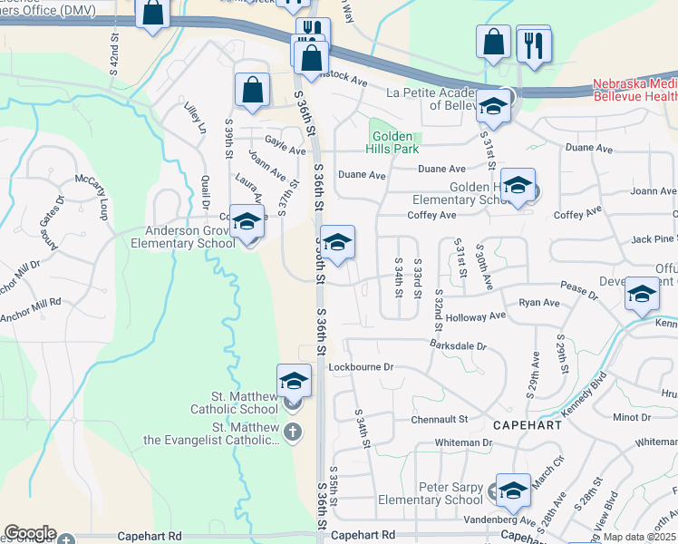 map of restaurants, bars, coffee shops, grocery stores, and more near 11825 South 36th Street in Bellevue