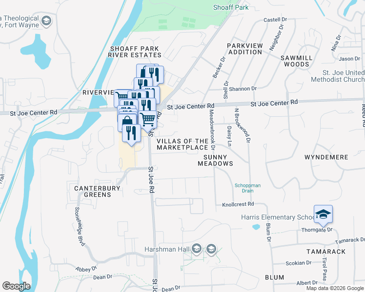 map of restaurants, bars, coffee shops, grocery stores, and more near 5633 Bluebird Court in Fort Wayne