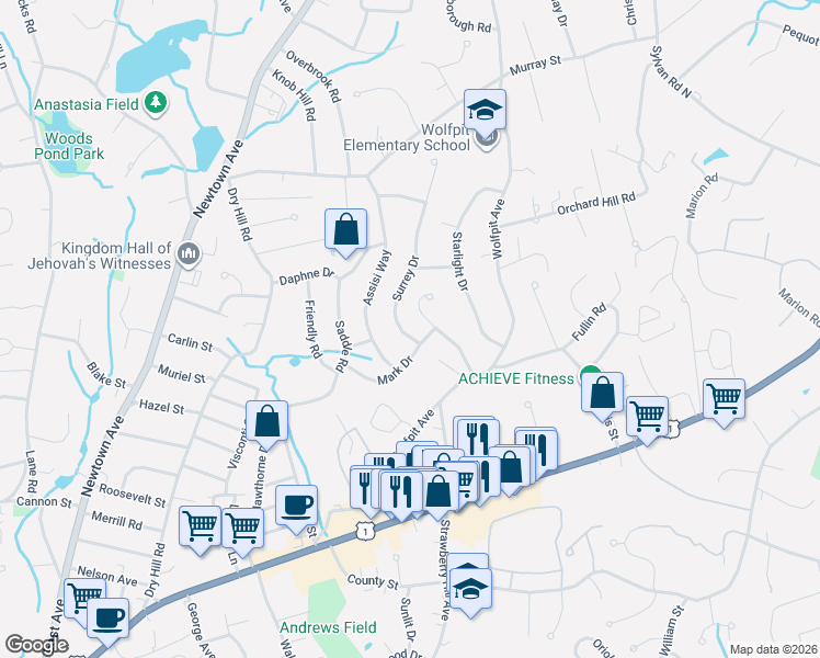 map of restaurants, bars, coffee shops, grocery stores, and more near 18 Silwen Lane in Norwalk