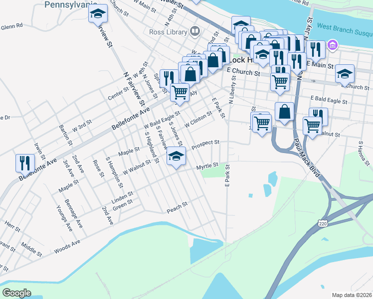 map of restaurants, bars, coffee shops, grocery stores, and more near 170 South Jones Street in Lock Haven