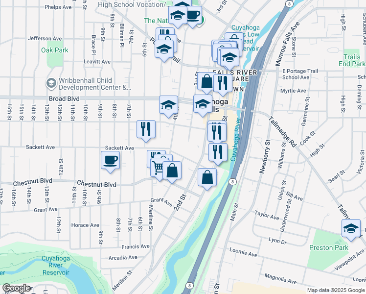 map of restaurants, bars, coffee shops, grocery stores, and more near 1827 4th Street in Cuyahoga Falls