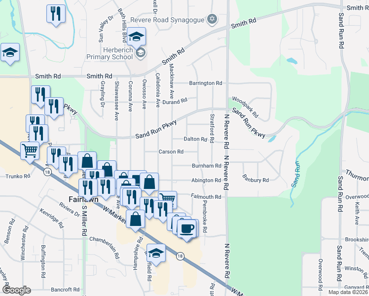 map of restaurants, bars, coffee shops, grocery stores, and more near 2538 Dalton Road in Fairlawn
