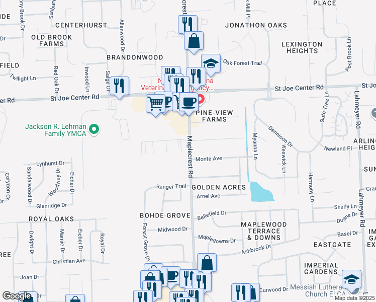 map of restaurants, bars, coffee shops, grocery stores, and more near 5436 Maplecrest Road in Fort Wayne