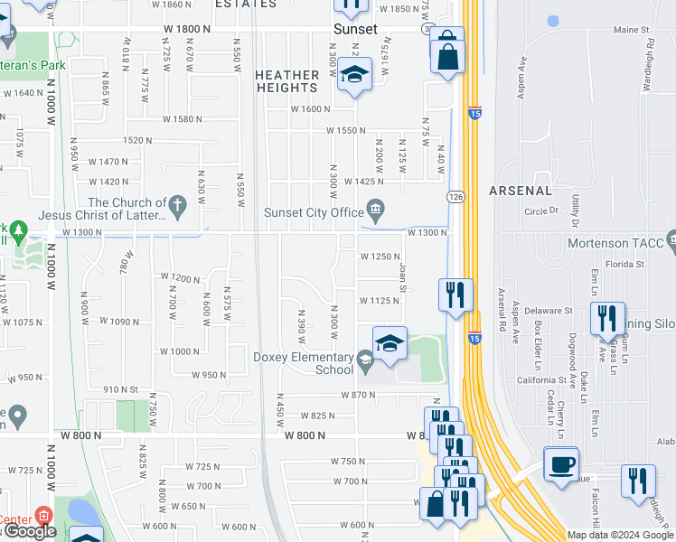 map of restaurants, bars, coffee shops, grocery stores, and more near 1190 North 300 West in Sunset