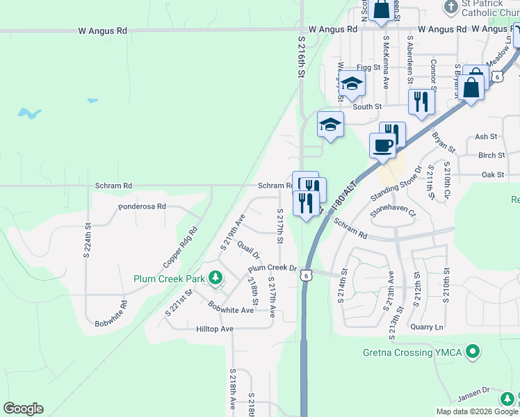 map of restaurants, bars, coffee shops, grocery stores, and more near 21790 Erin Circle in Gretna