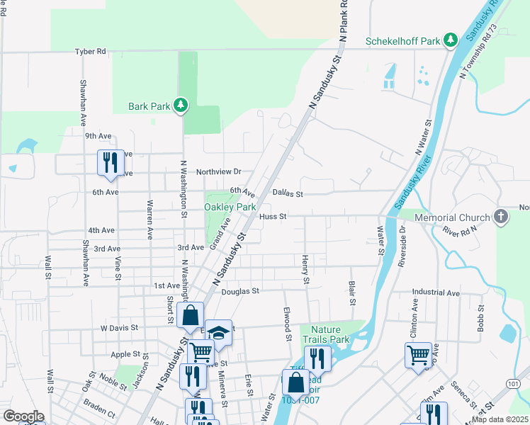map of restaurants, bars, coffee shops, grocery stores, and more near 214 Huss Street in Tiffin