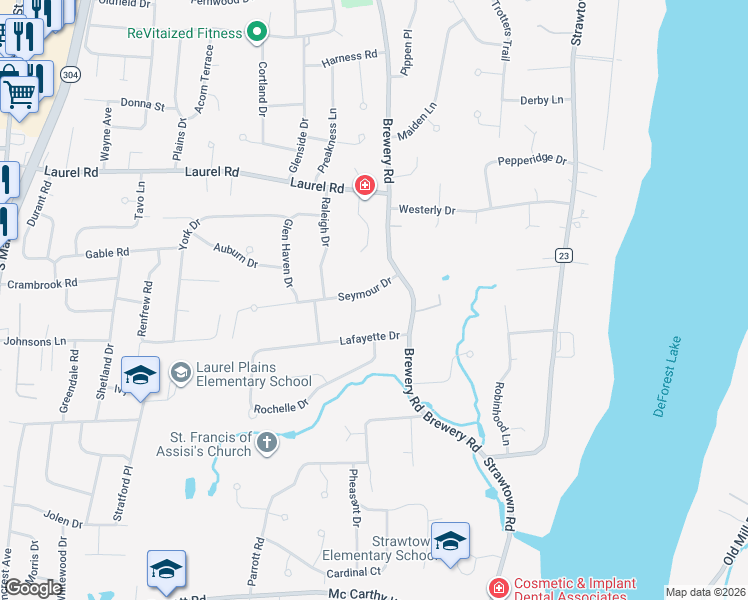 map of restaurants, bars, coffee shops, grocery stores, and more near 5 Seymour Drive in New City