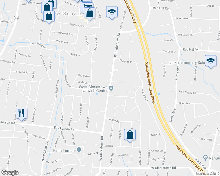 map of restaurants, bars, coffee shops, grocery stores, and more near 191 West Clarkstown Road in New City