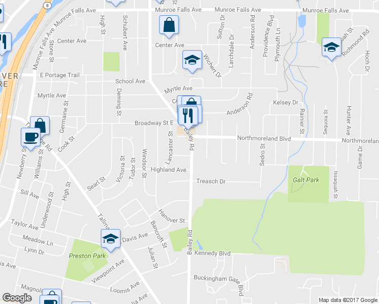 map of restaurants, bars, coffee shops, grocery stores, and more near 1854 Bailey Road in Cuyahoga Falls