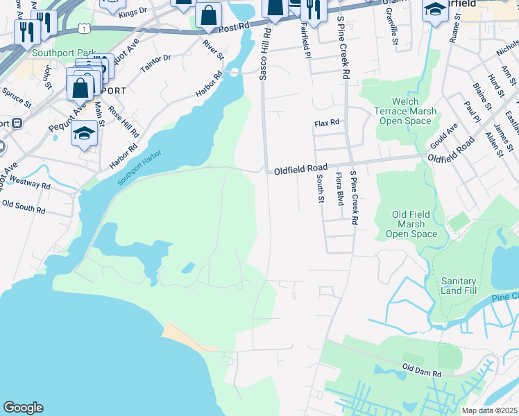 map of restaurants, bars, coffee shops, grocery stores, and more near 640 Sasco Hill Road in Fairfield