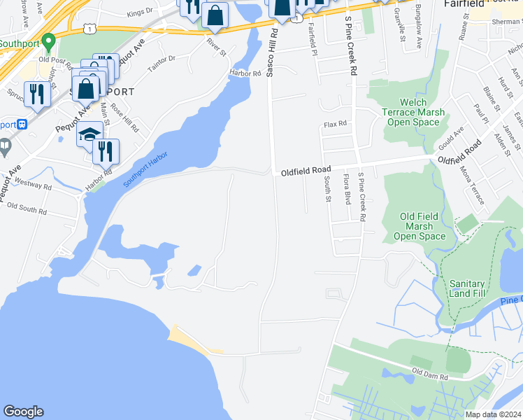 map of restaurants, bars, coffee shops, grocery stores, and more near 640 Sasco Hill Road in Fairfield
