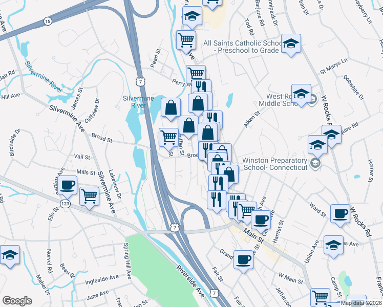 map of restaurants, bars, coffee shops, grocery stores, and more near 4 Broad Street in Norwalk