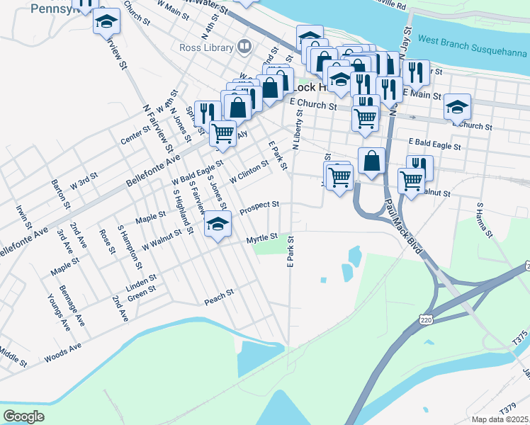 map of restaurants, bars, coffee shops, grocery stores, and more near 122 Prospect Street in Lock Haven