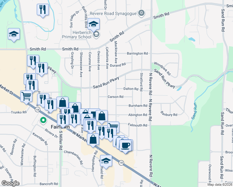 map of restaurants, bars, coffee shops, grocery stores, and more near 2538 Dalton Road in Fairlawn