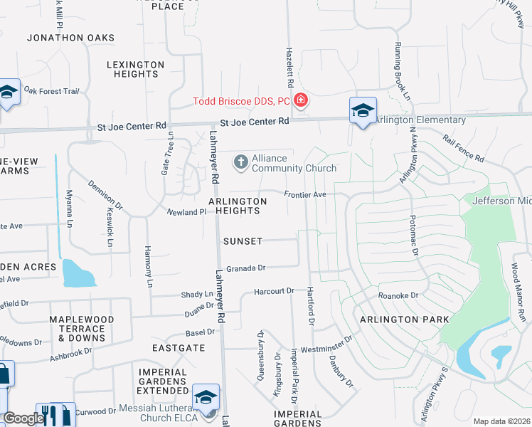 map of restaurants, bars, coffee shops, grocery stores, and more near 5417 Stonehill Court in Fort Wayne