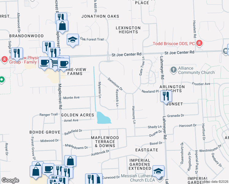 map of restaurants, bars, coffee shops, grocery stores, and more near 5409 Keswick Lane in Fort Wayne