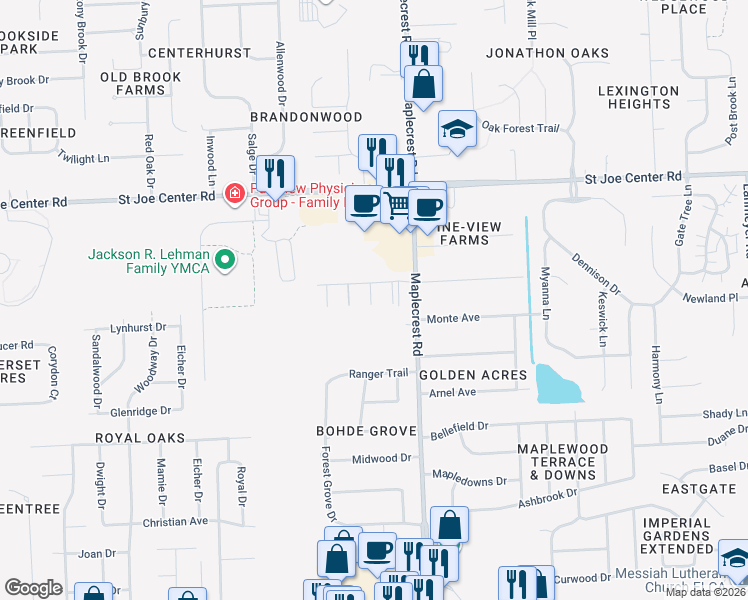 map of restaurants, bars, coffee shops, grocery stores, and more near 5418 Kinzie Court in Fort Wayne