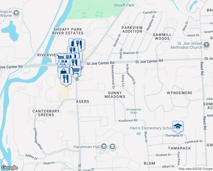 map of restaurants, bars, coffee shops, grocery stores, and more near 3517 Redbird Trail in Fort Wayne