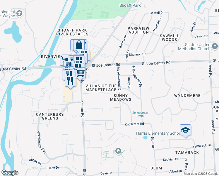map of restaurants, bars, coffee shops, grocery stores, and more near 3517 Redbird Trail in Fort Wayne