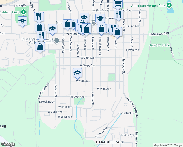 map of restaurants, bars, coffee shops, grocery stores, and more near 2528 Wayne Street in Bellevue