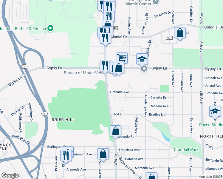 map of restaurants, bars, coffee shops, grocery stores, and more near 2401 Belmont Avenue in Youngstown