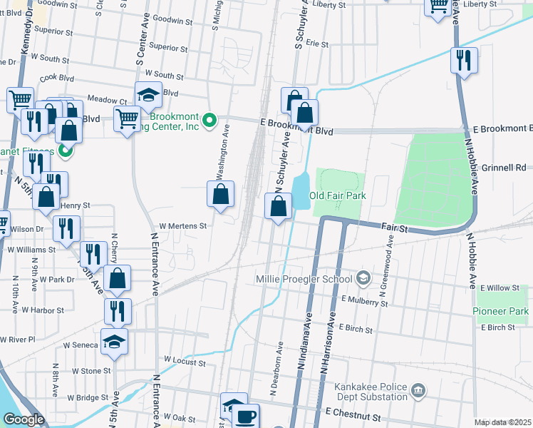 map of restaurants, bars, coffee shops, grocery stores, and more near 155 East Sycamore Street in Kankakee