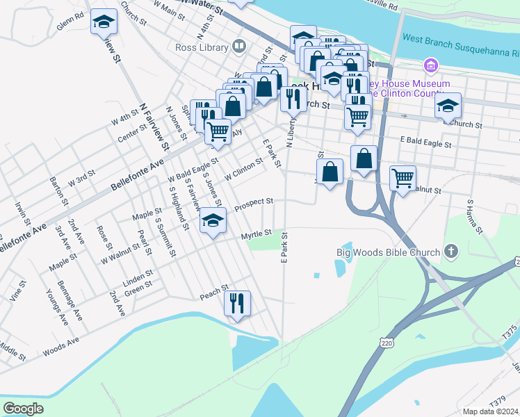 map of restaurants, bars, coffee shops, grocery stores, and more near 355 West Park Street in Lock Haven