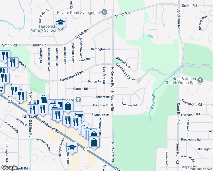 map of restaurants, bars, coffee shops, grocery stores, and more near 315 Stratford Road in Fairlawn