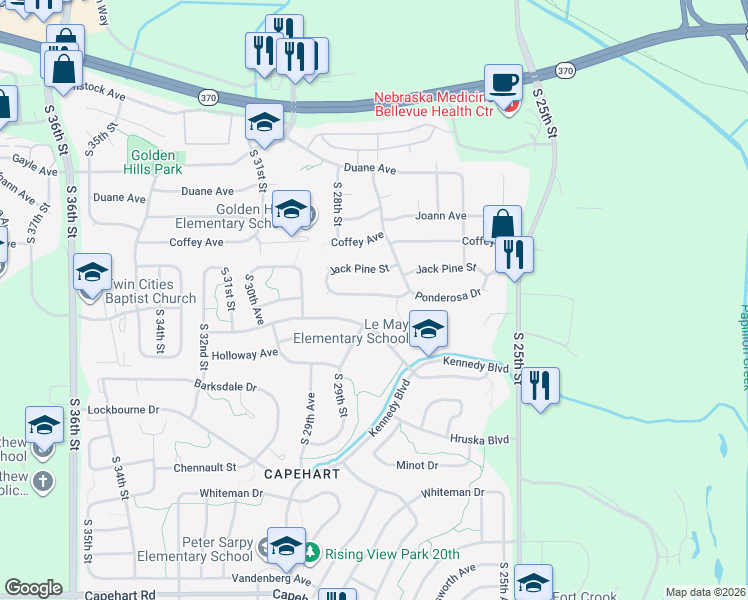 map of restaurants, bars, coffee shops, grocery stores, and more near 2807 Ponderosa Drive in Bellevue