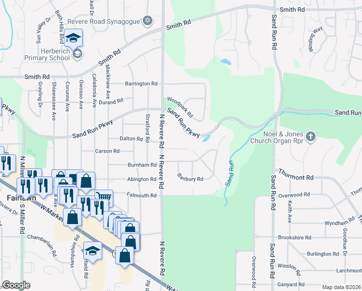 map of restaurants, bars, coffee shops, grocery stores, and more near 433 Sandhurst Road in Akron