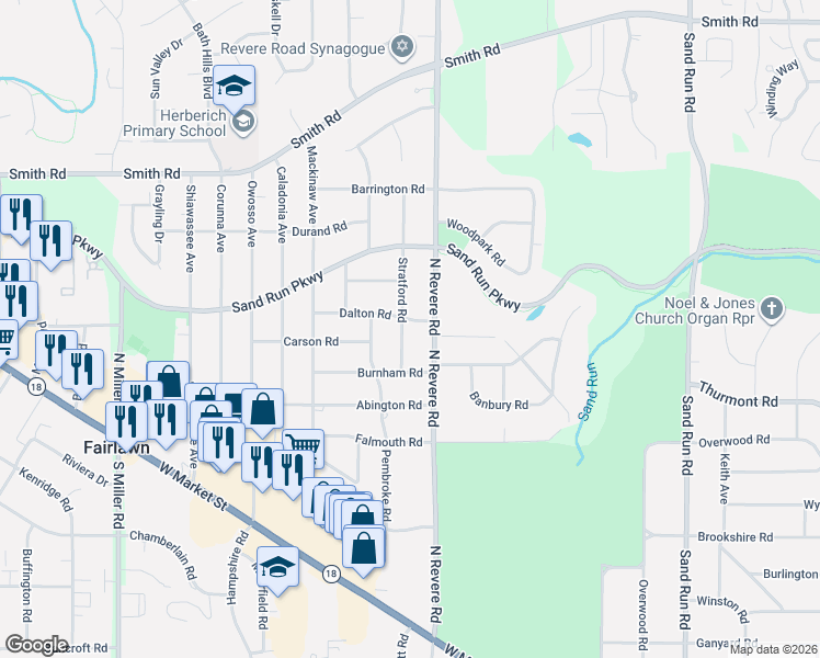 map of restaurants, bars, coffee shops, grocery stores, and more near 315 Saintatford Road in Akron