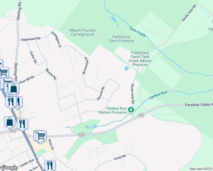 map of restaurants, bars, coffee shops, grocery stores, and more near 51 Seneca Road in Mount Pocono