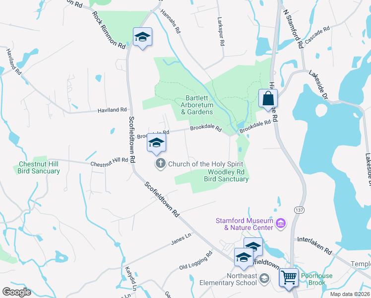 map of restaurants, bars, coffee shops, grocery stores, and more near 53 Bud Lane in Stamford