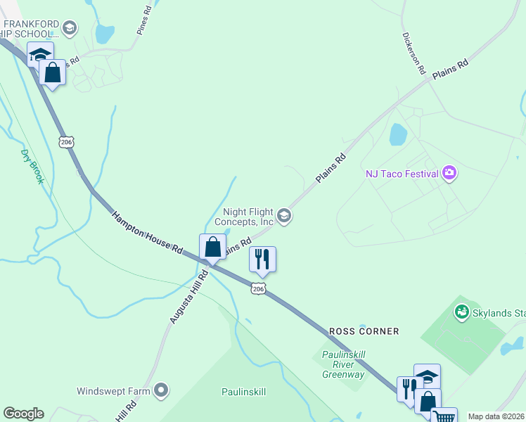 map of restaurants, bars, coffee shops, grocery stores, and more near 14 Plains Road in Frankford